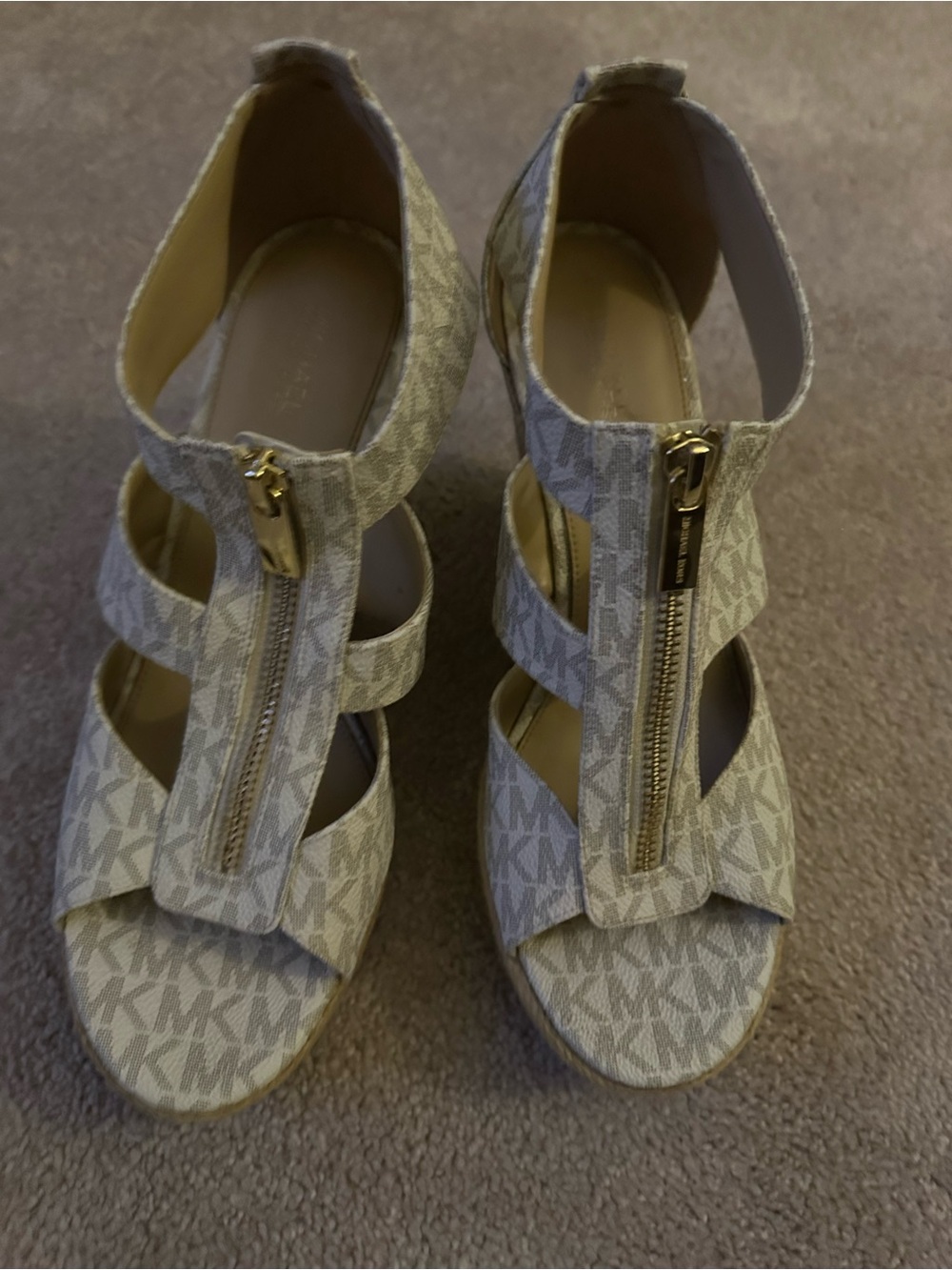 Michael Kors Taupe MK Logo Zip Wedge Sandals